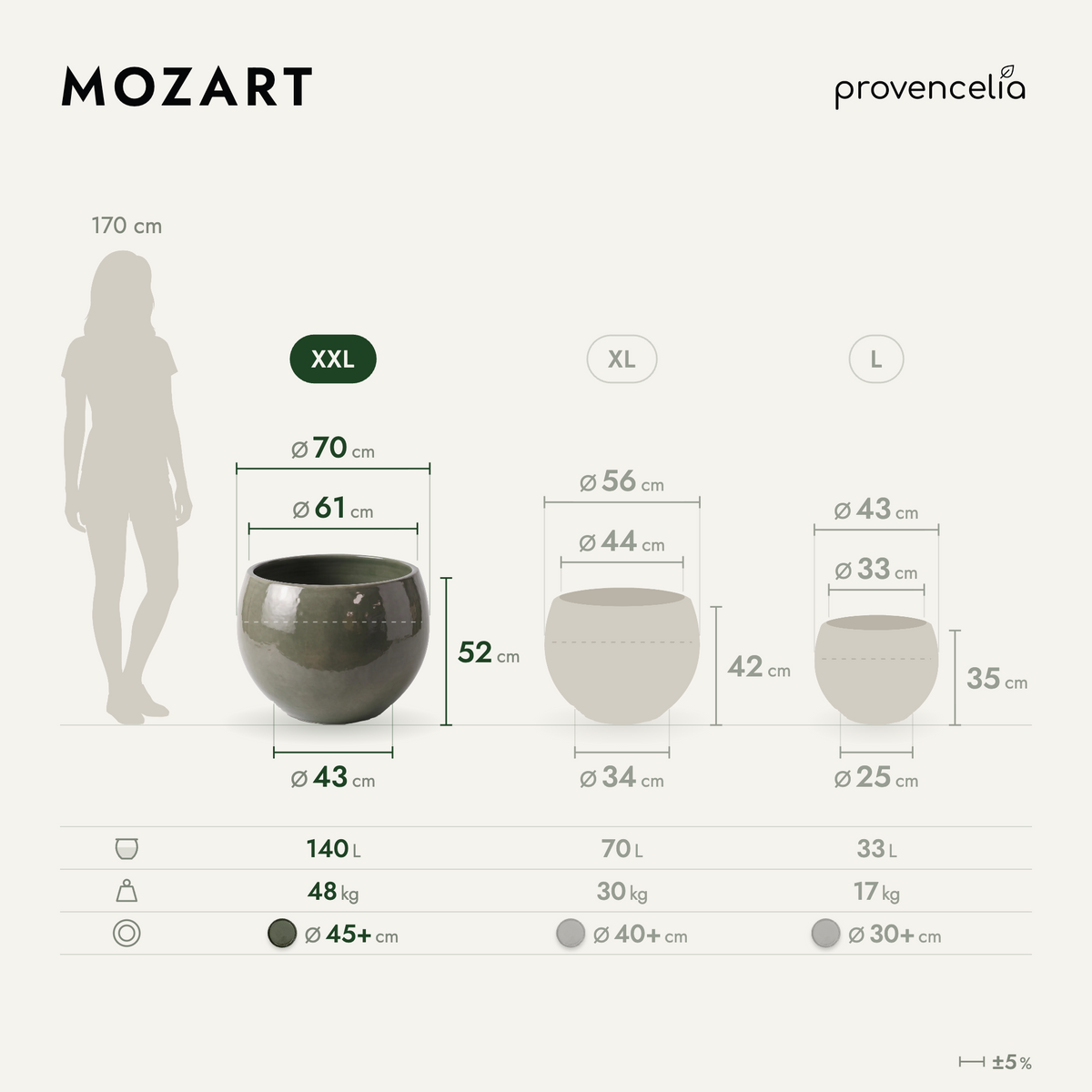 Vaso MOZART decorativo 70x52 cm Verde crema in ceramica smaltata, confronto tra dimensioni e capacità