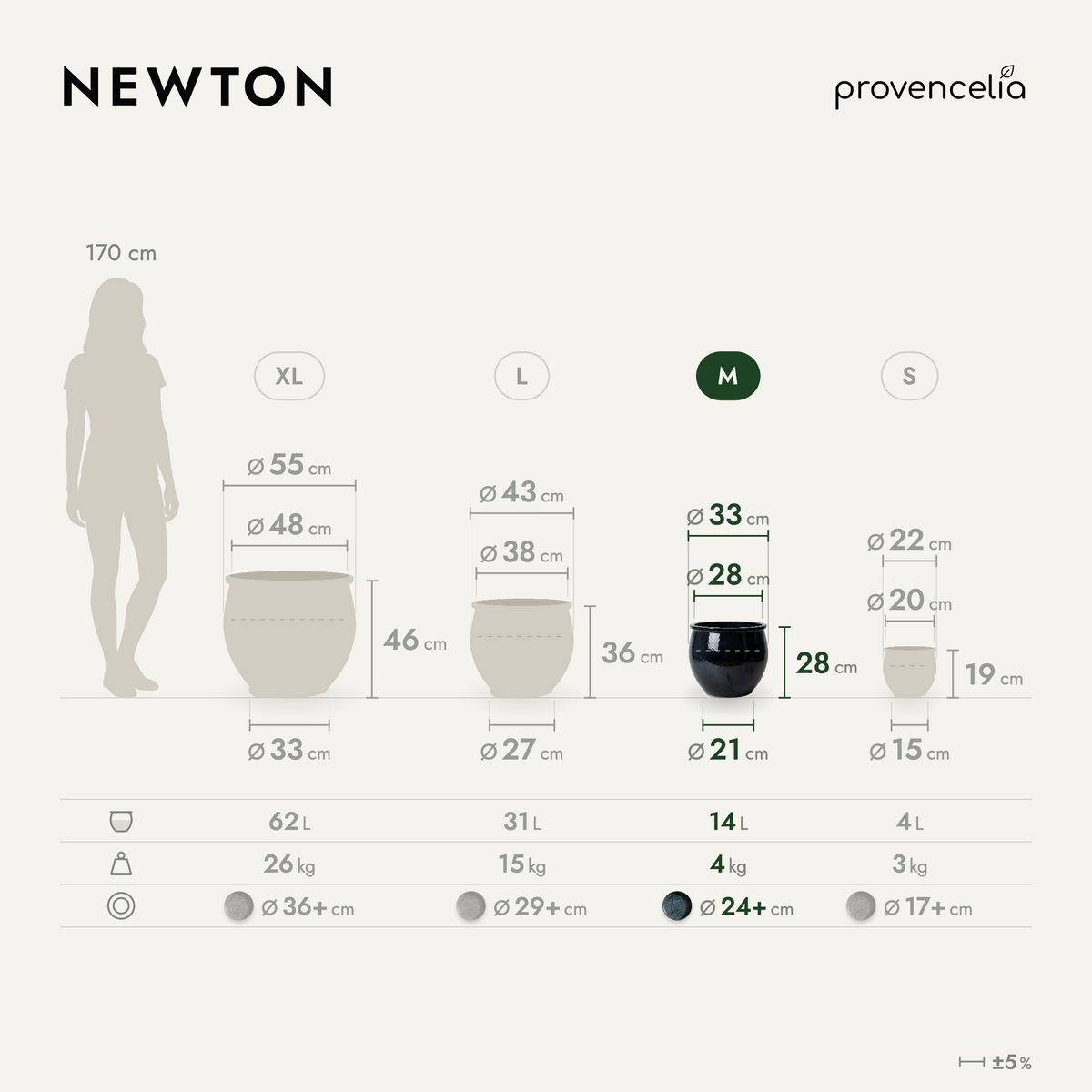 Round NEWTON planter 34x28 cm Abyss Blue in glazed ceramic, dimensions and sizes diagram