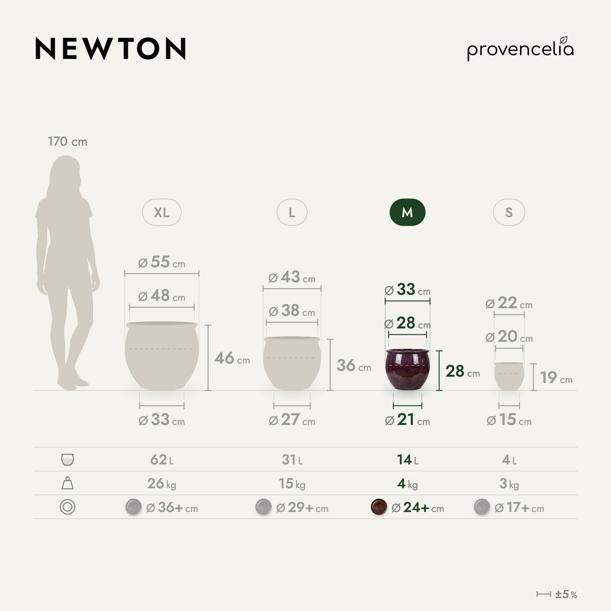 Pot NEWTON rond 34x28 cm violet clair en terre cuite émaillée, vue comparative des tailles