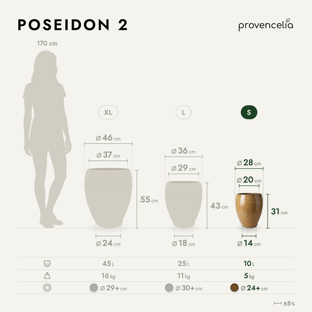 Pot POSEIDON2 28x31 cm miel ambré en terre cuite émaillée, schéma des dimensions et tailles