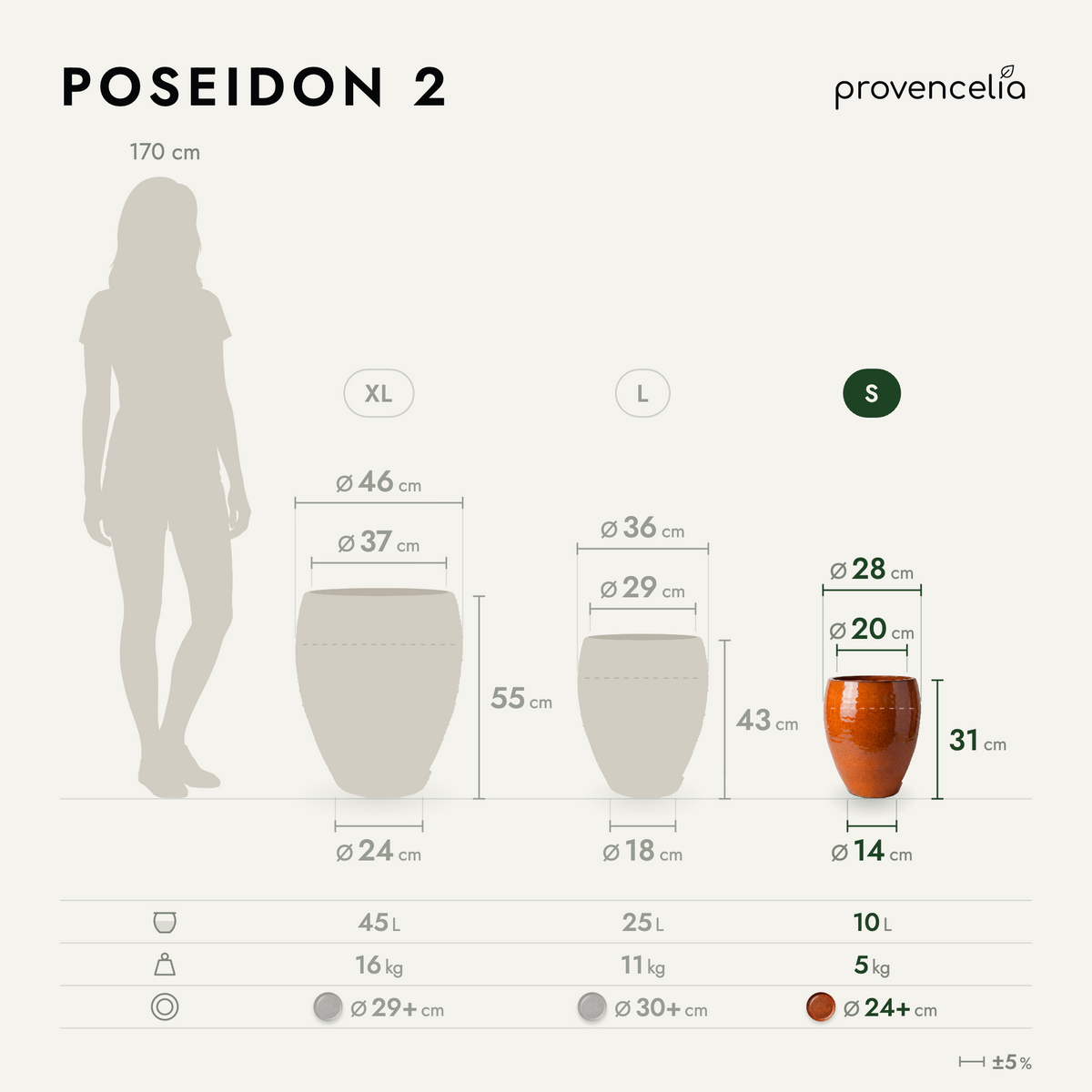 Pot POSEIDON2 28x31 cm orange tropical en terre cuite émaillée, vue avec schéma des dimensions