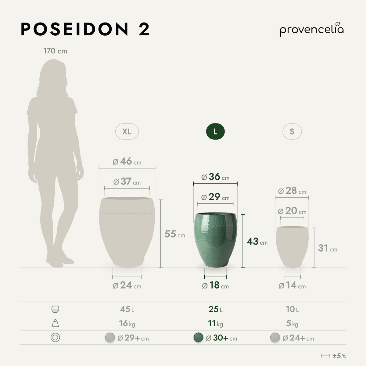 Pot POSEIDON2 36x43 cm jade en terre cuite émaillée, schéma des trois tailles