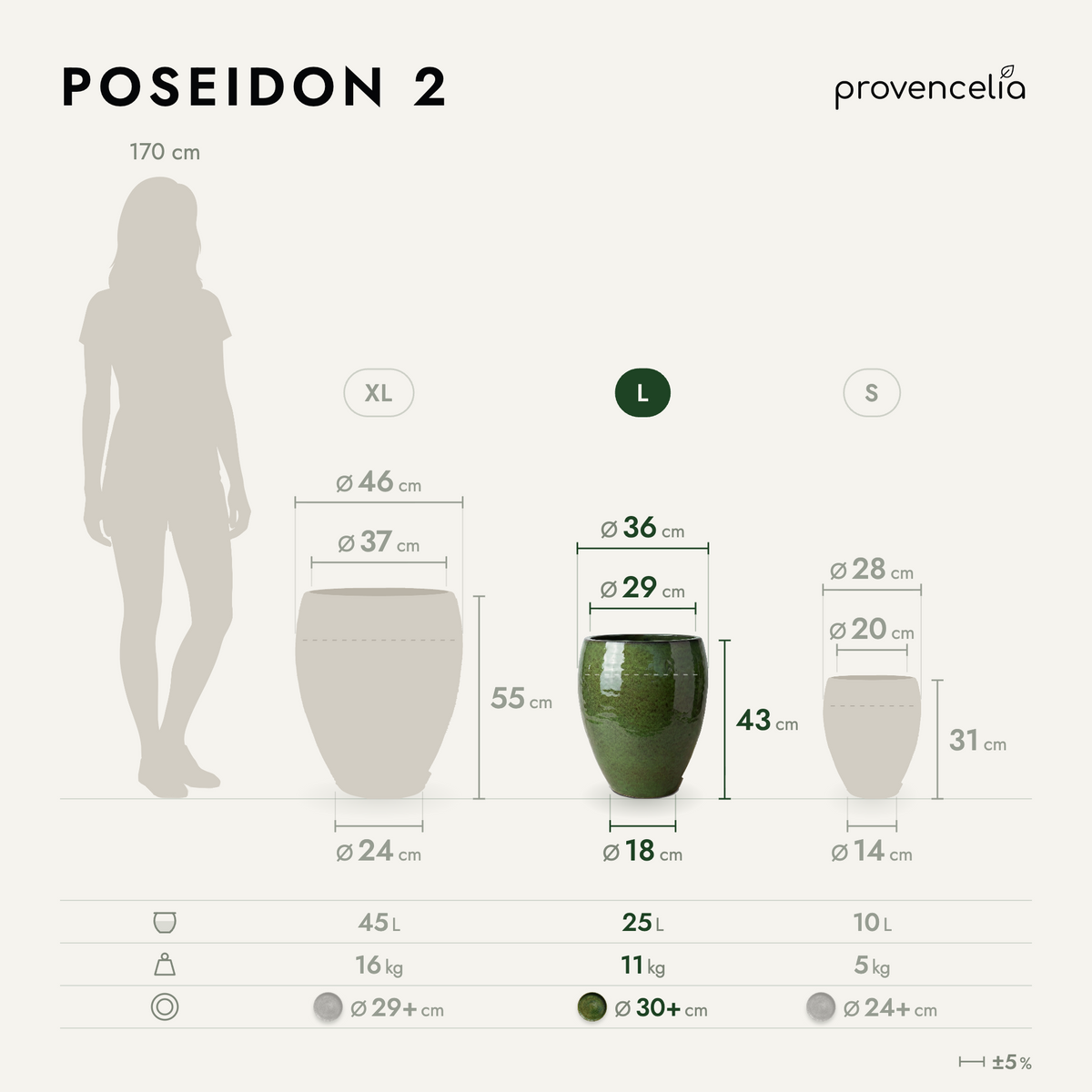 Pot POSEIDON2 36x43 cm vert tropical en terre cuite émaillée, vue comparative des tailles