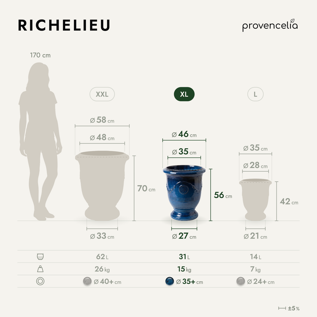 Vaso RICHELIEU con piede 46x56 cm Blu azzurro in ceramica smaltata, vista frontale con dimensioni