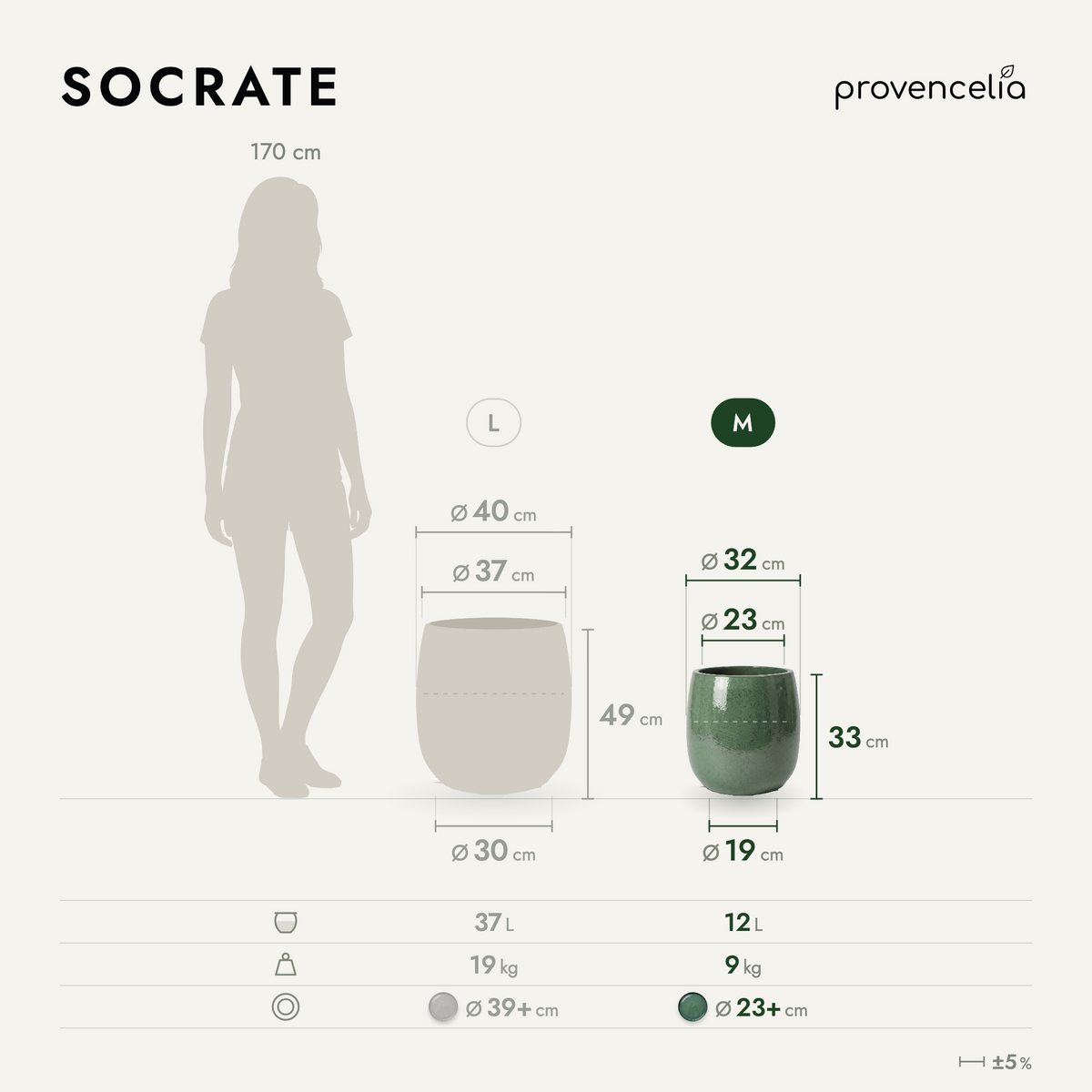 Vaso Socrate Giada in ceramica smaltata, schema delle misure e delle dimensioni