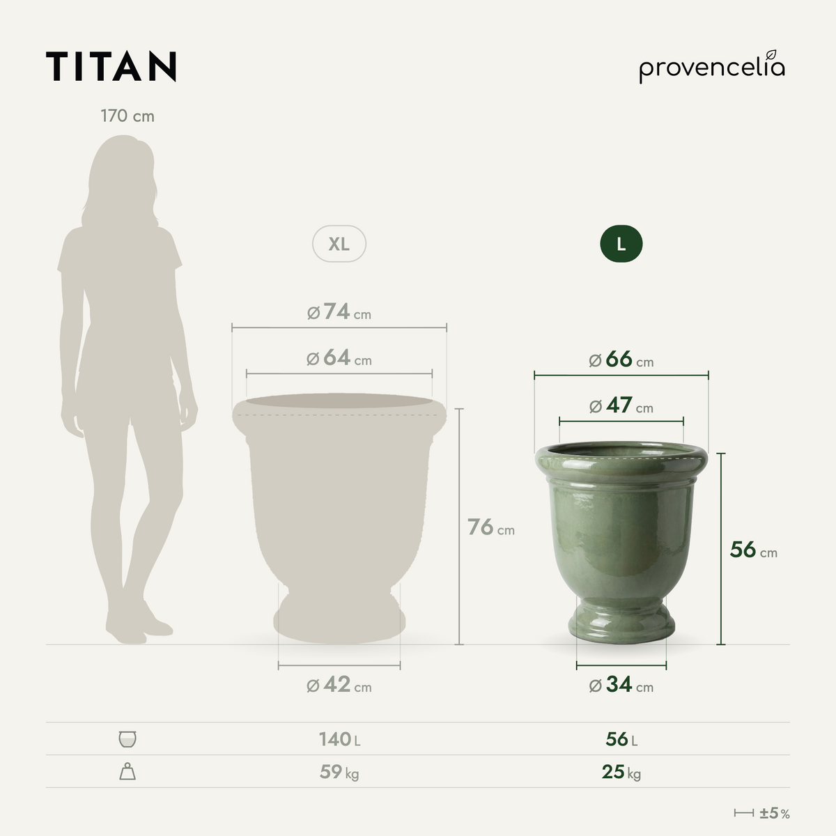Pot TITAN 53x55 cm perle de jade en terre cuite émaillée, comparaison des tailles XL et L