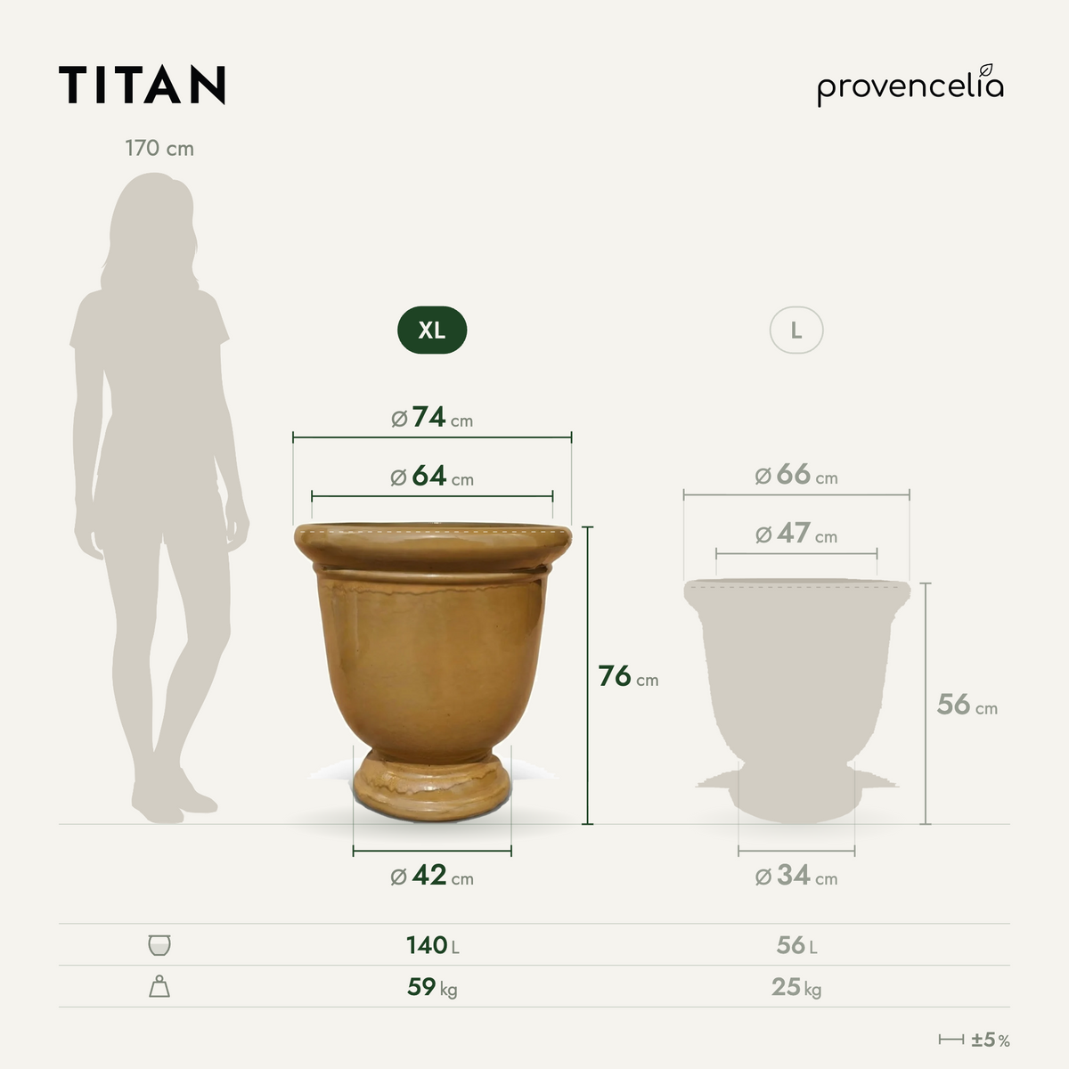 Pot TITAN 72x75 cm miel ambré en terre cuite émaillée, vue de face avec dimensions