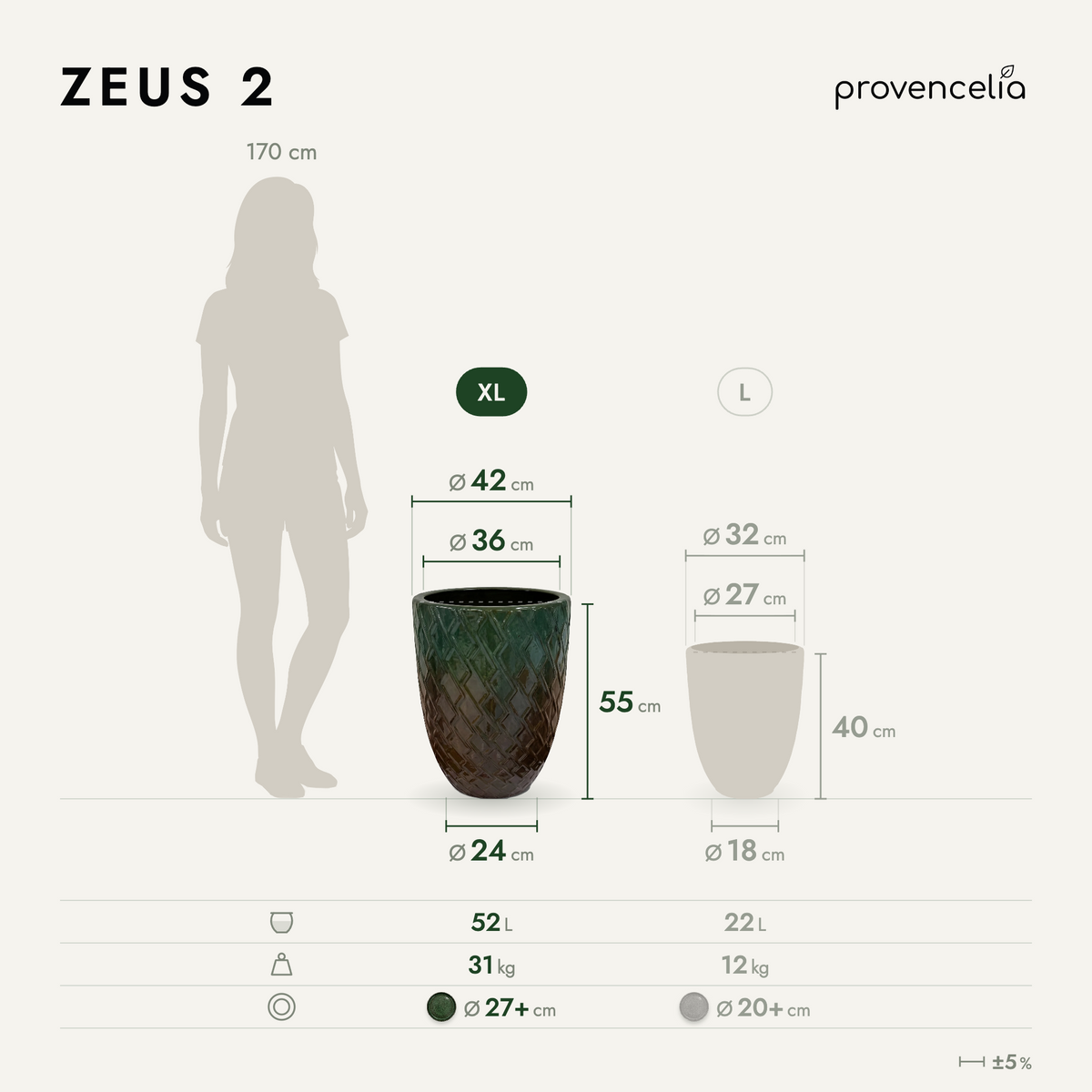 Pot ZEUS 42x54 cm vert brumeux en terre cuite émaillée, schéma des dimensions et contenances