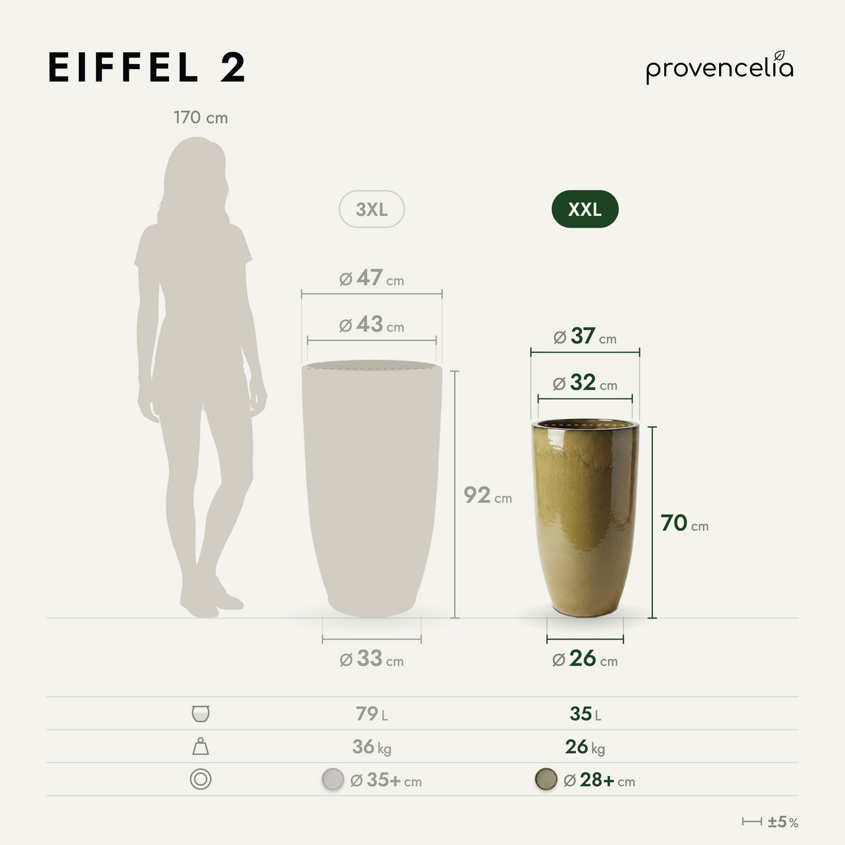 EIFFEL planter 37x70 cm sunset glazed ceramic, comparative dimension view