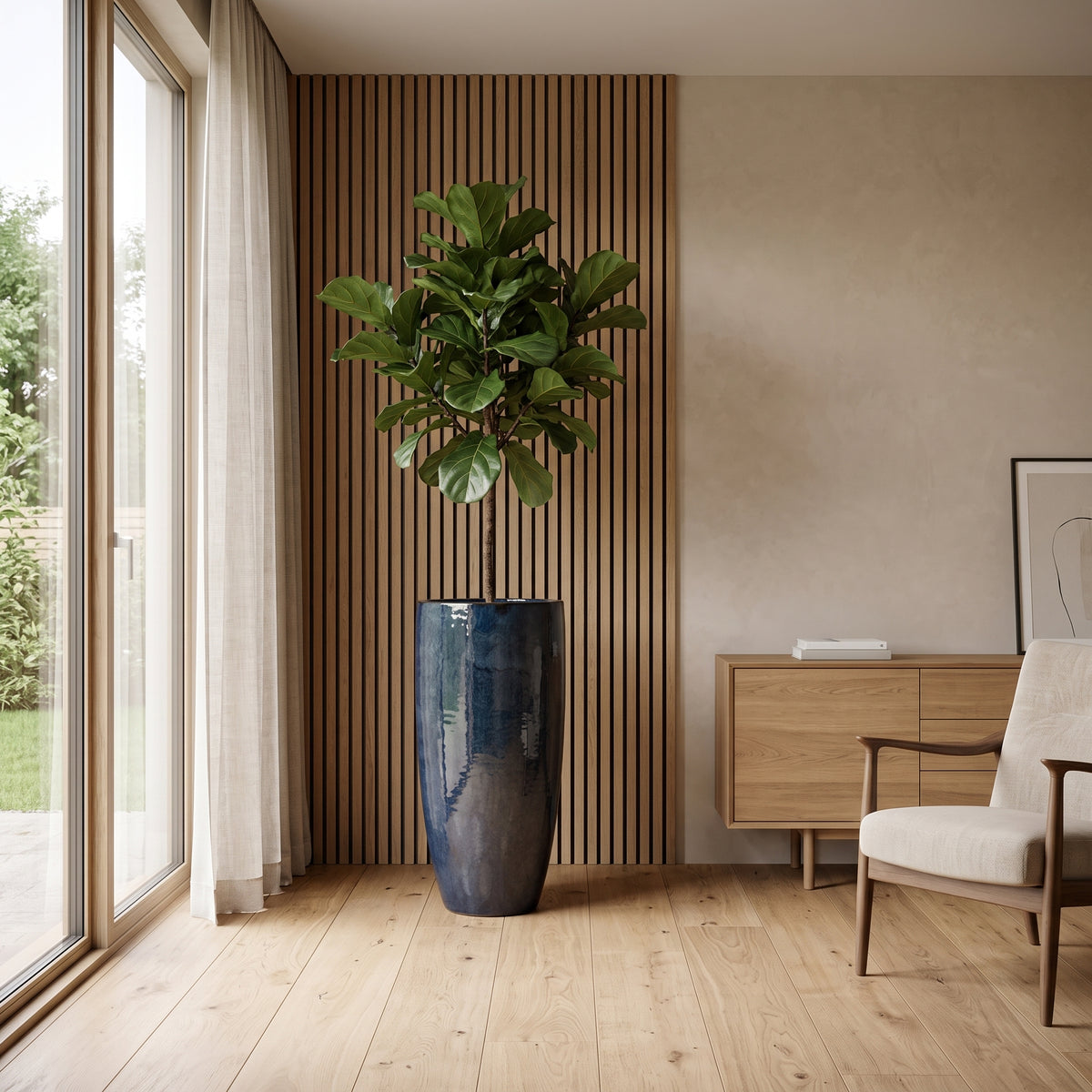 Eiffel planter 47x92 cm Sapphire in glazed ceramic, with green plant indoors
