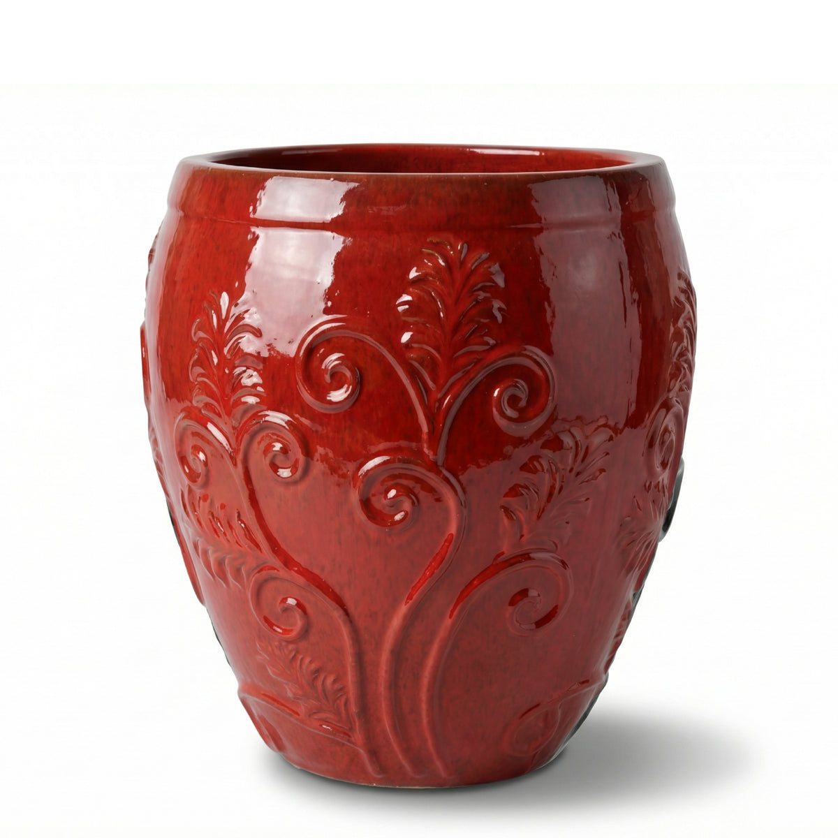 Plantenbak Gaia 52 × 58 cm in Tropisch rood geglazuurd keramiek, vooraanzicht op witte achtergrond