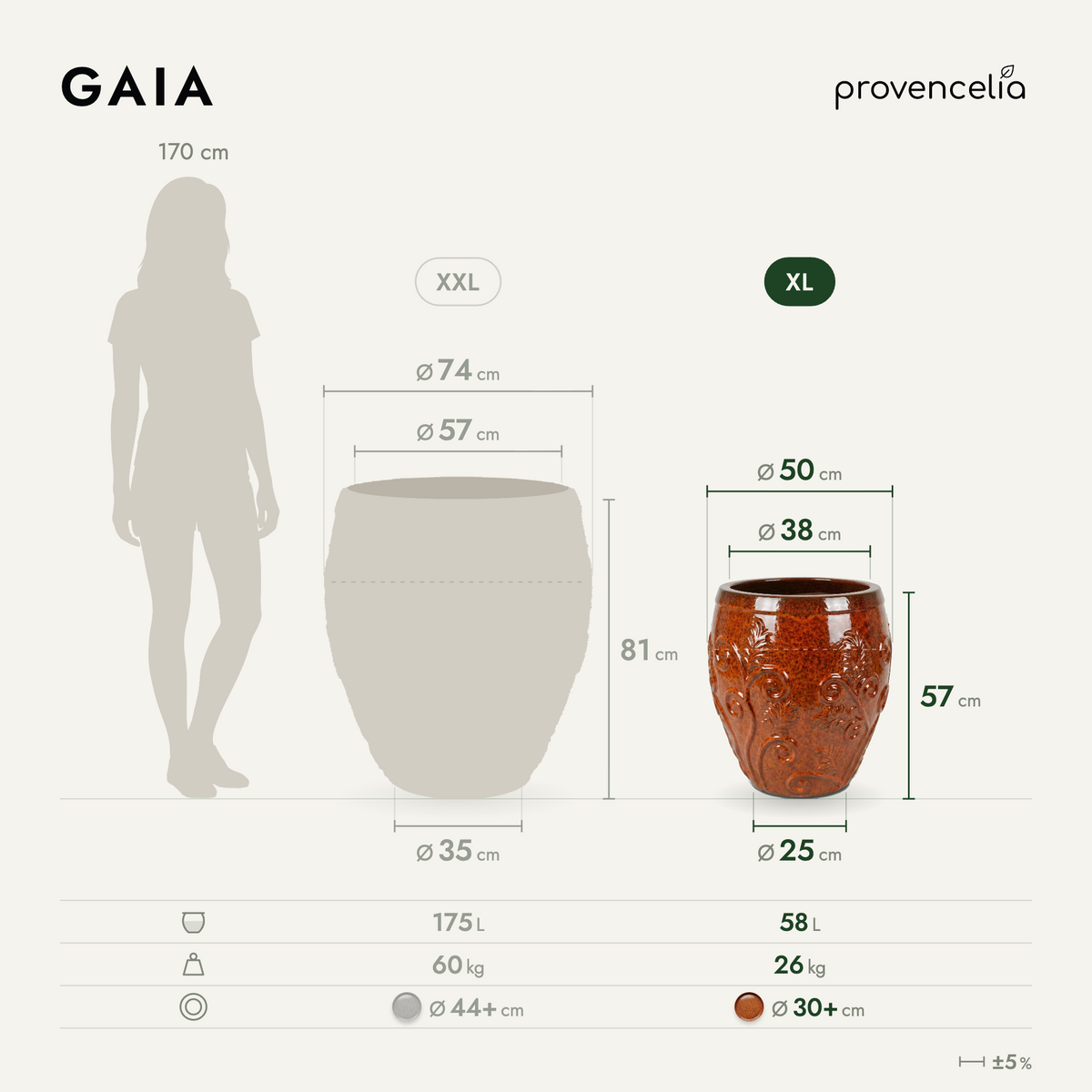 Decorative GAIA planter 52 × 58 cm autumn rust glazed ceramic, XL dimensions diagram