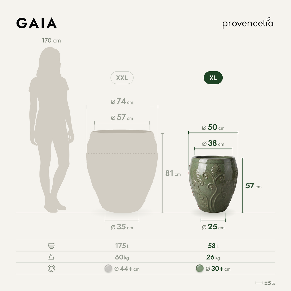 Vaso GAIA 52x58 cm perla di giada in ceramica smaltata, schema delle dimensioni