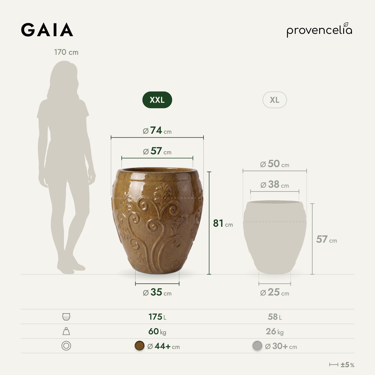 Vaso GAIA 75x78 cm miele ambrato in ceramica smaltata, schema delle dimensioni e delle capacità