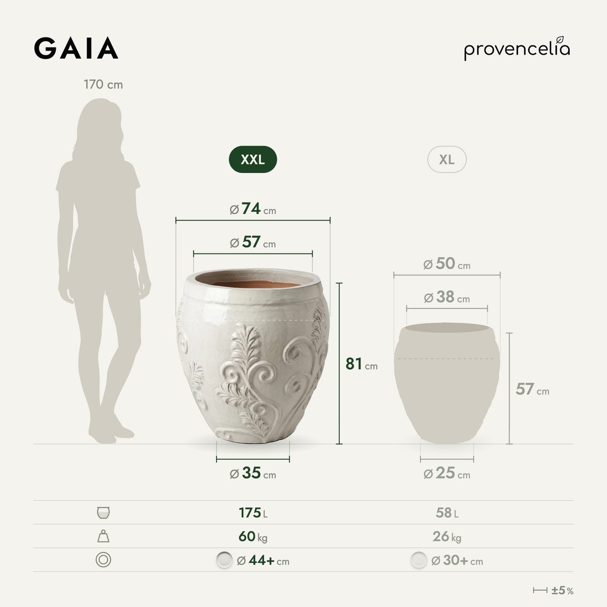 GAIA planter 75 × 78 cm cream glazed ceramic, dimensions and volume diagram