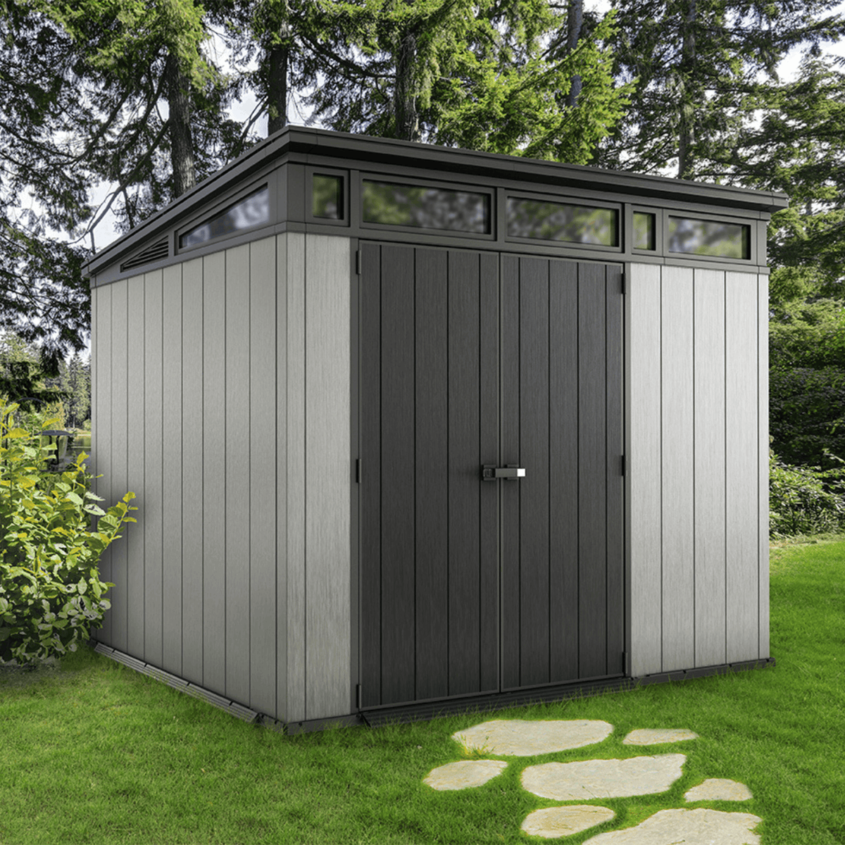 Tuinhuis ARTISAN 9x7 grijs op een grasveld met bomen