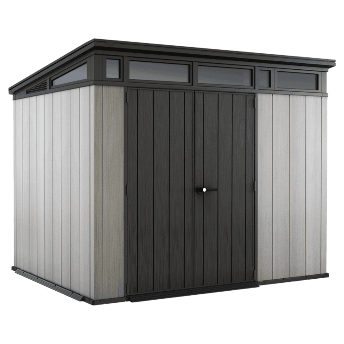 Tuinhuis ARTISAN 9x7 grijs, driekwartaanzicht tegen witte achtergrond