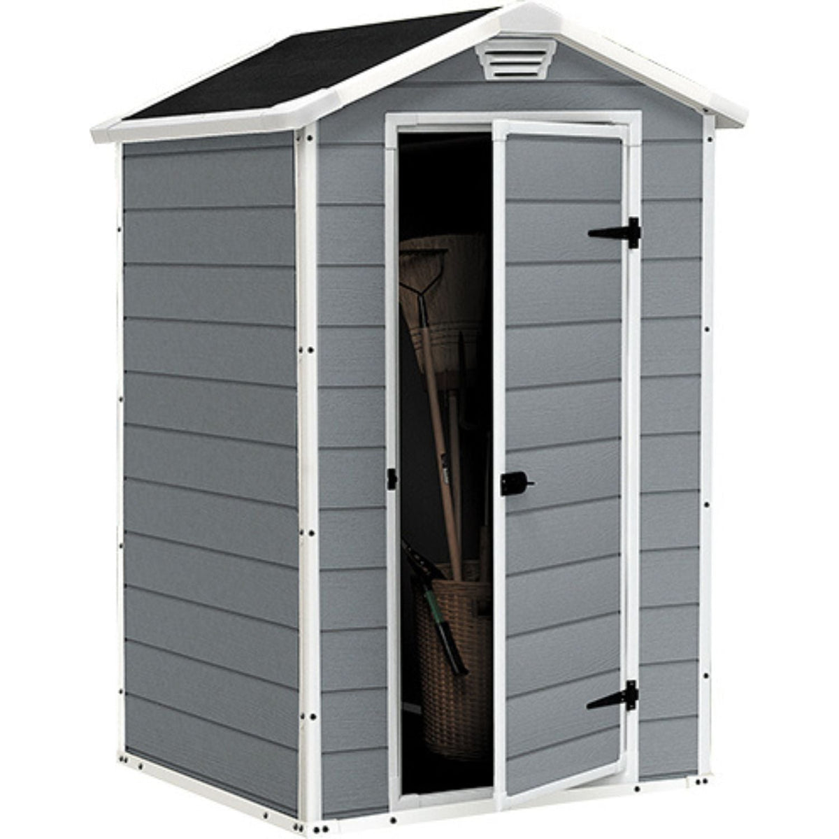 Abri de jardin MANOR 4x3 gris, porte ouverte avec outils visibles