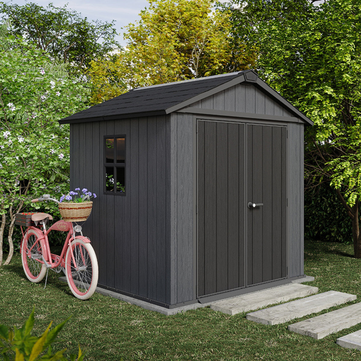 Abri de jardin Newton Plus Wide gris dans un jardin avec vélo rose