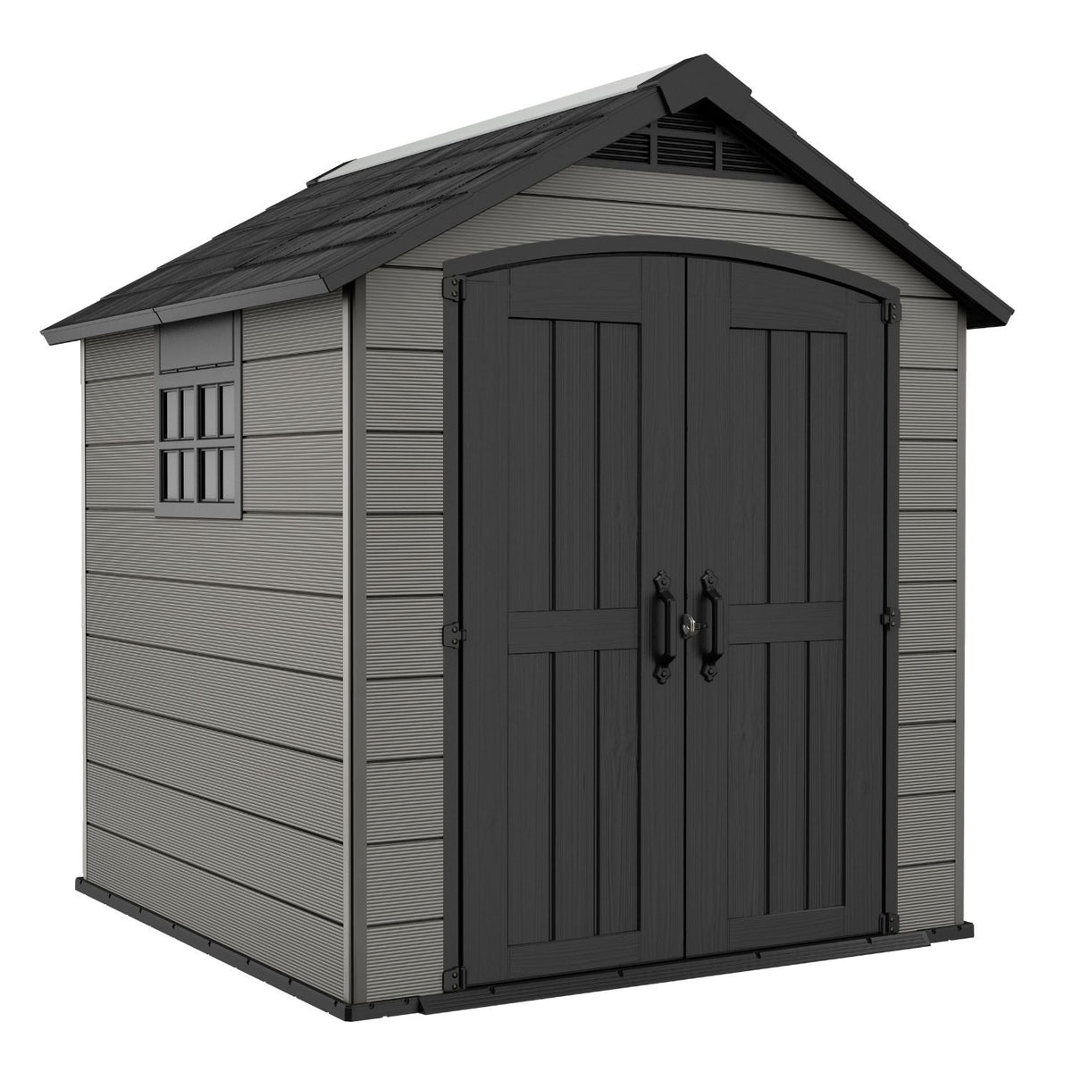 Abri de jardin PREMIER 757 gris vu de trois quarts sur fond blanc