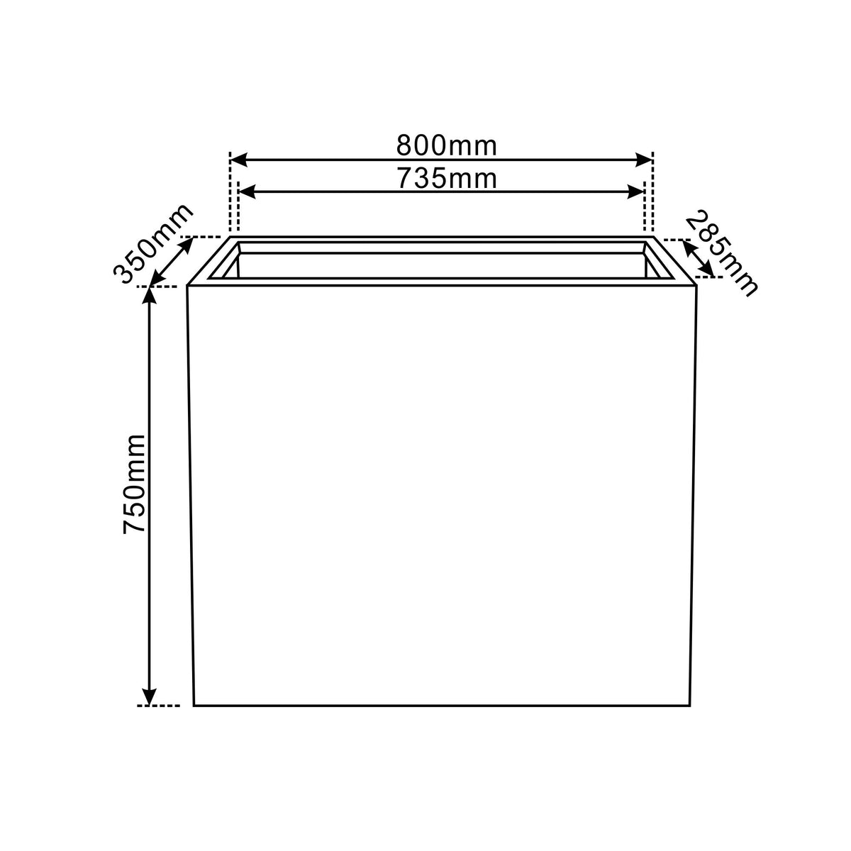 Fioriera Horizon Grigio scuro in calcestruzzo fibrorinforzato, schema quotato frontale