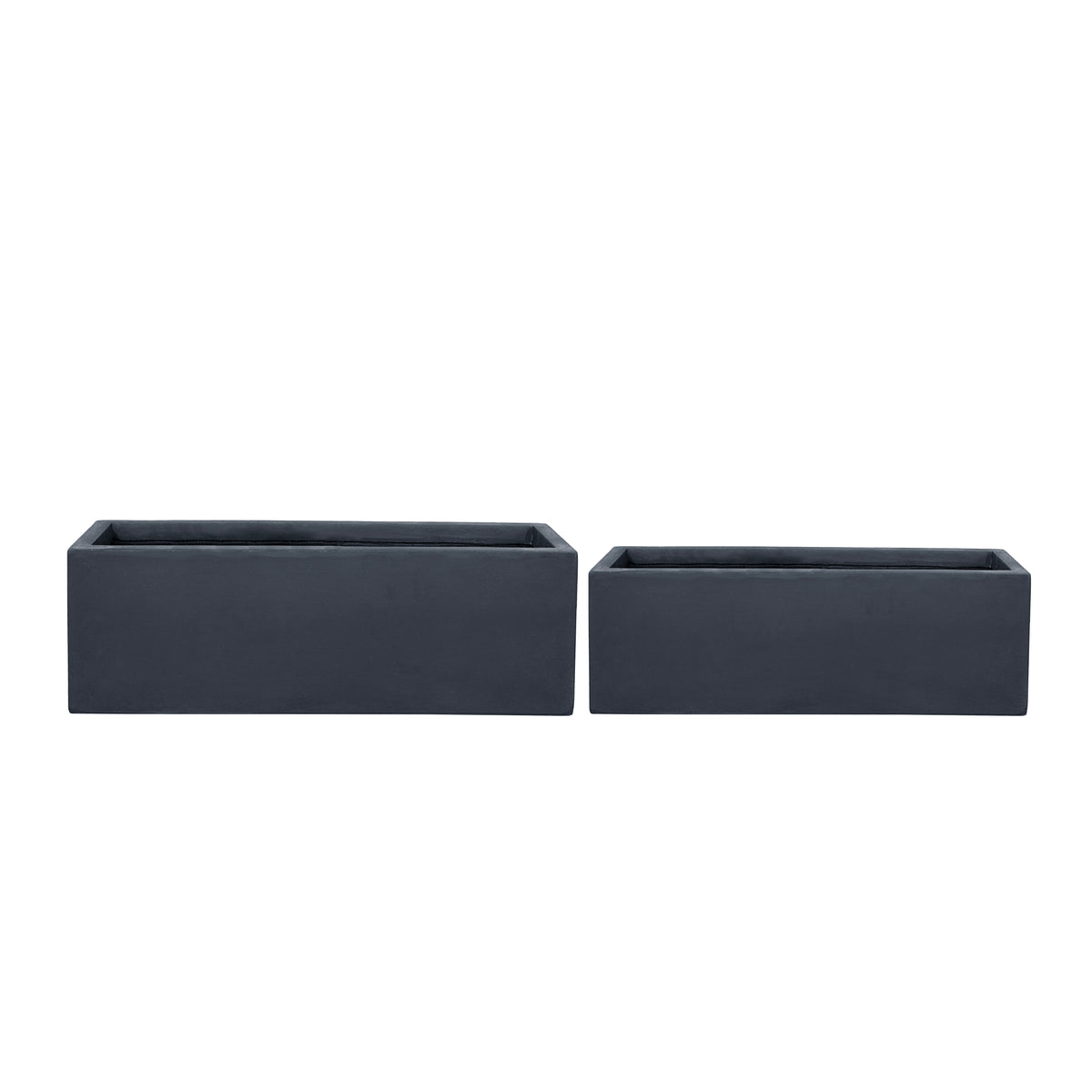 Jardinière Horizon gris foncé en béton fibré, vue de face avec deux formats