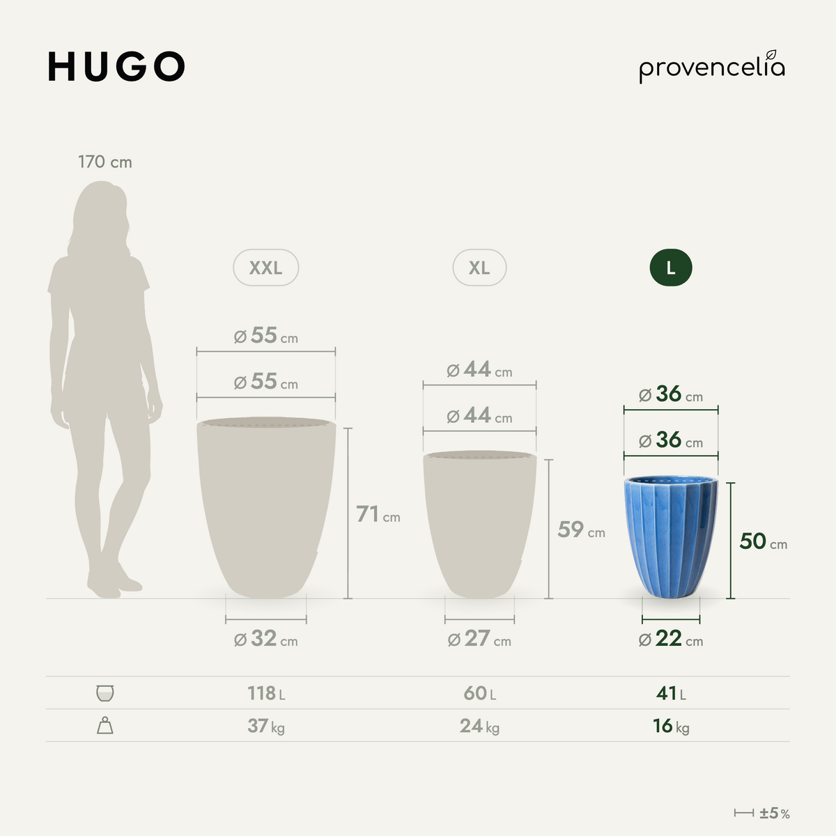 Decoratieve plantenbak HUGO 36x50 cm Junihemel van geglazuurd keramiek, diagram van de drie maten