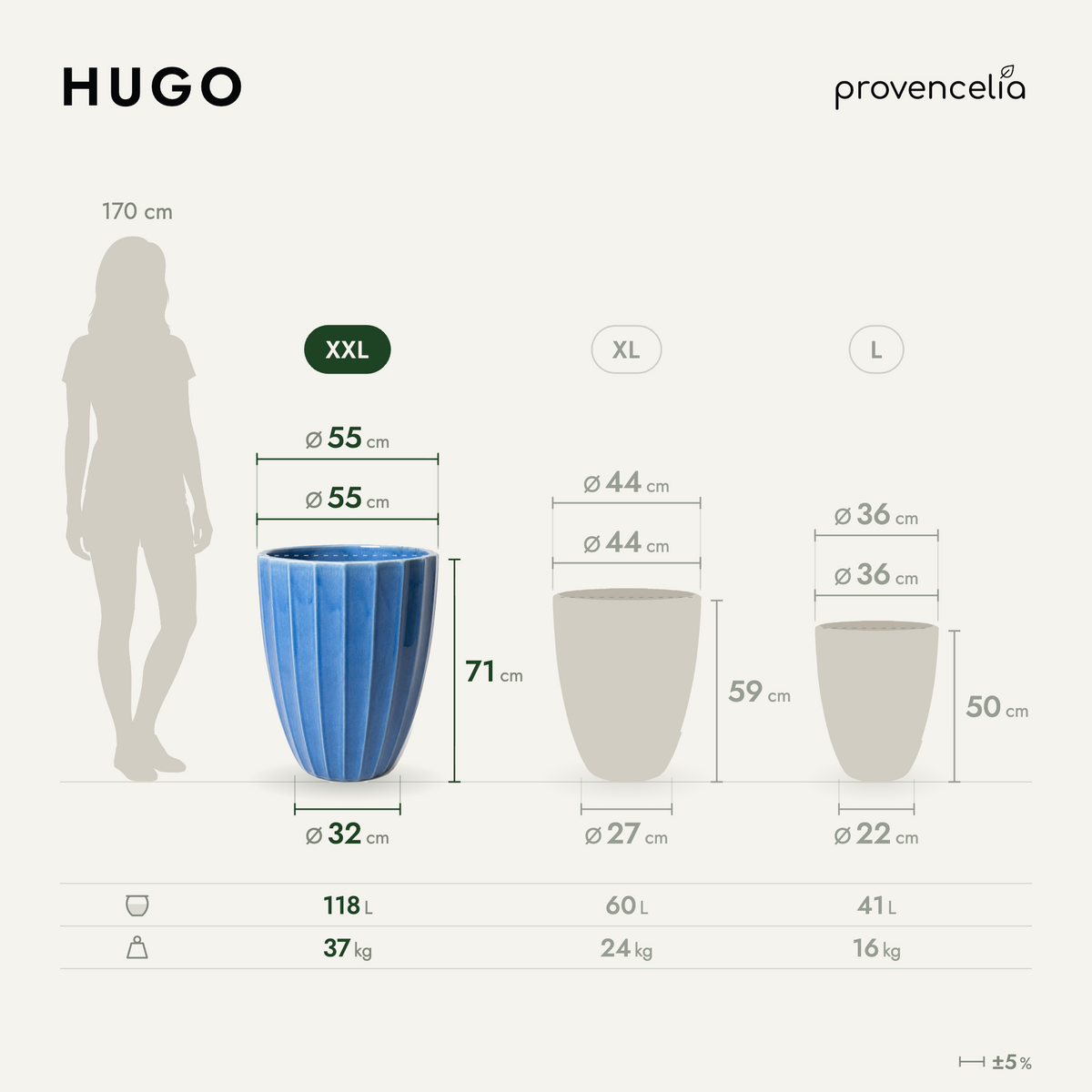 Macetero HUGO decorativo 55x71 cm Cielo de junio de cerámica esmaltada, vista comparativa con dimensiones