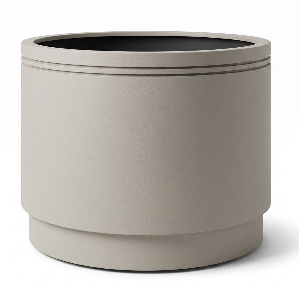 Pot Infinity round cylindrique 120x100 cm champagne en acier galvanisé, vue de face sur fond blanc