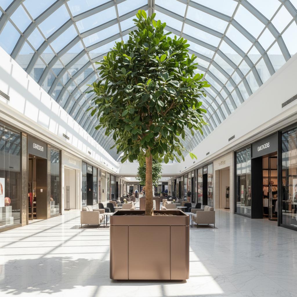 Infinity-X rectangular 120x100 cm taupe galvanised metal planter, with a tree in a shopping centre