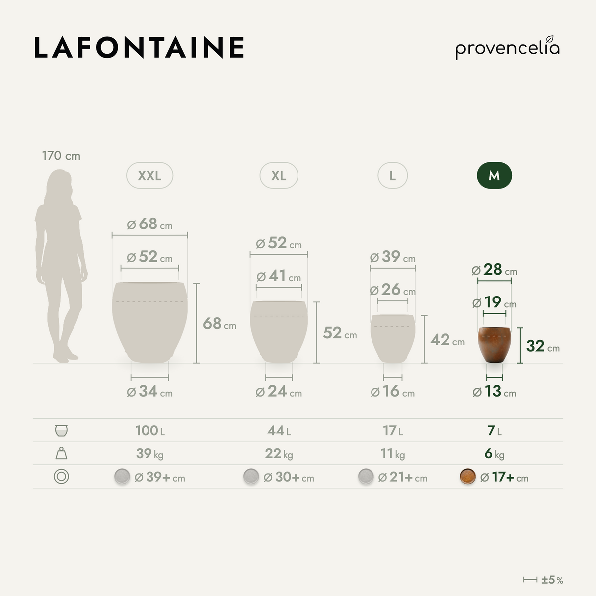 Vaso LAFONTAINE rotondo 23x35 cm Finitura ferro in ceramica smaltata, con confronto delle dimensioni