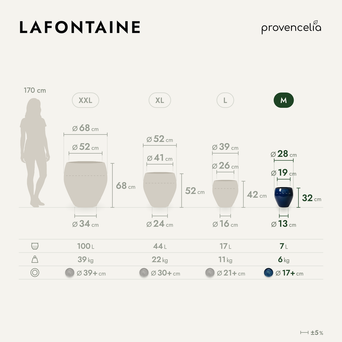 Vaso LAFONTAINE a forma di anfora 23x35 cm blu oltremare in ceramica smaltata, vista comparativa dei formati