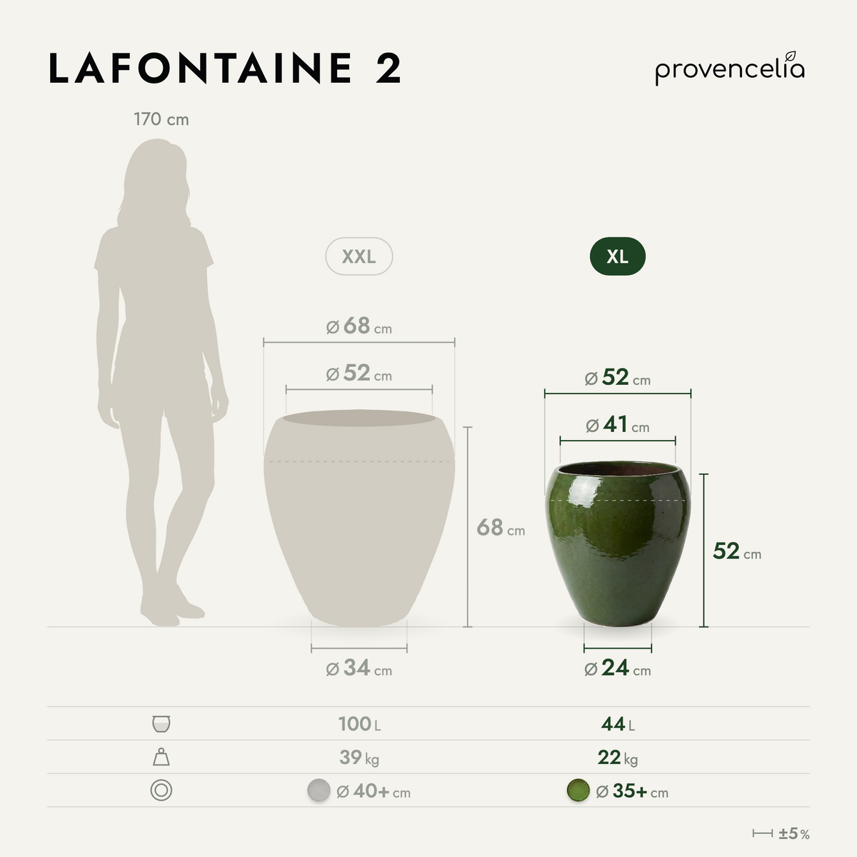 Amfoorvormige plantenbak LAFONTAINE2 50x52 cm Diepgroen van geglazuurd keramiek, schema met afmetingen