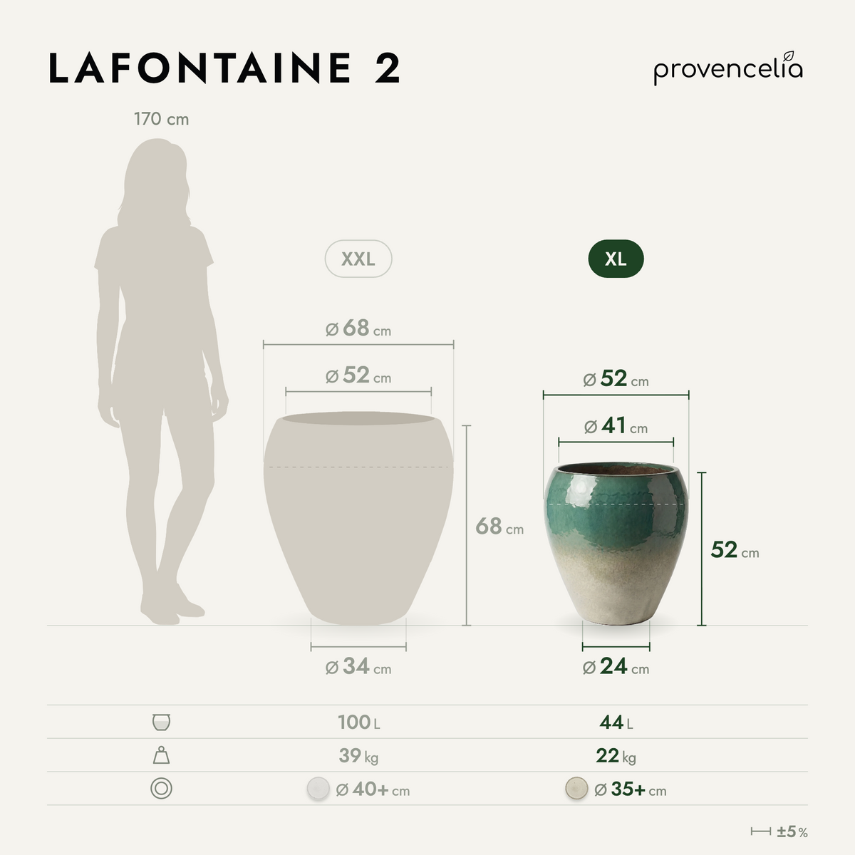 Pot LAFONTAINE2 en forme d’amphore 50x52 cm brume d’été en terre cuite émaillée, vue comparative des dimensions