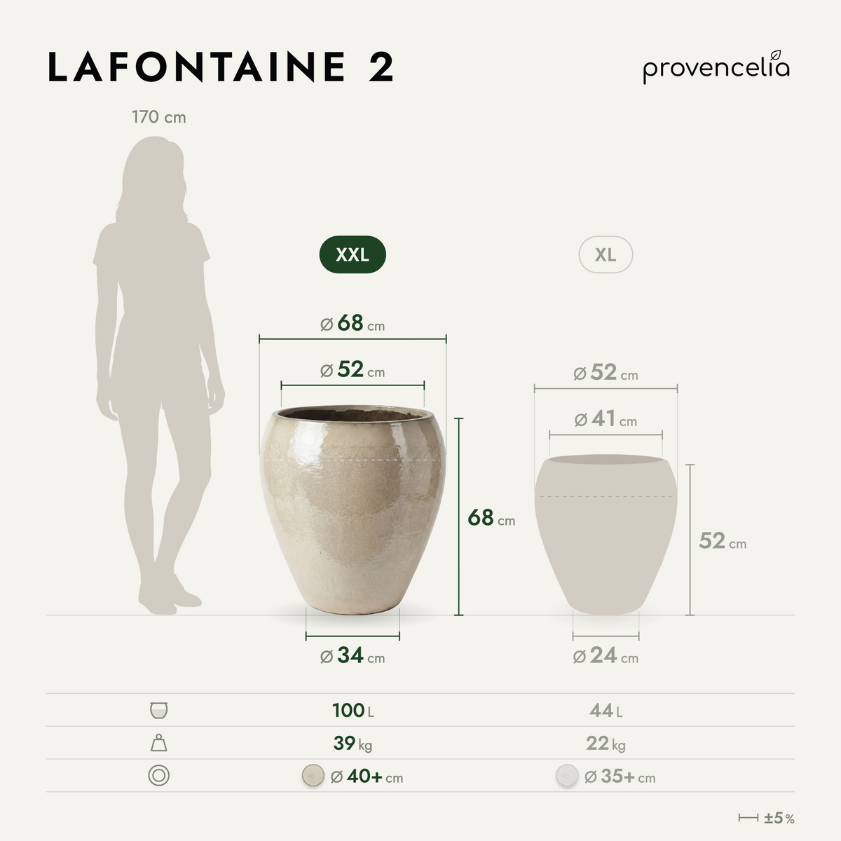 Pot LAFONTAINE2 en forme d’amphore 67x68 cm crème en terre cuite émaillée, vue de face avec dimensions