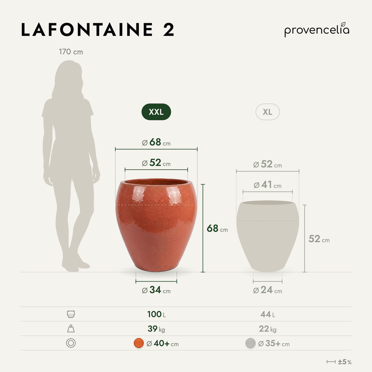 Pot LAFONTAINE2 en forme d’amphore 67x68 cm aurore en terre cuite émaillée, vue de face avec dimensions