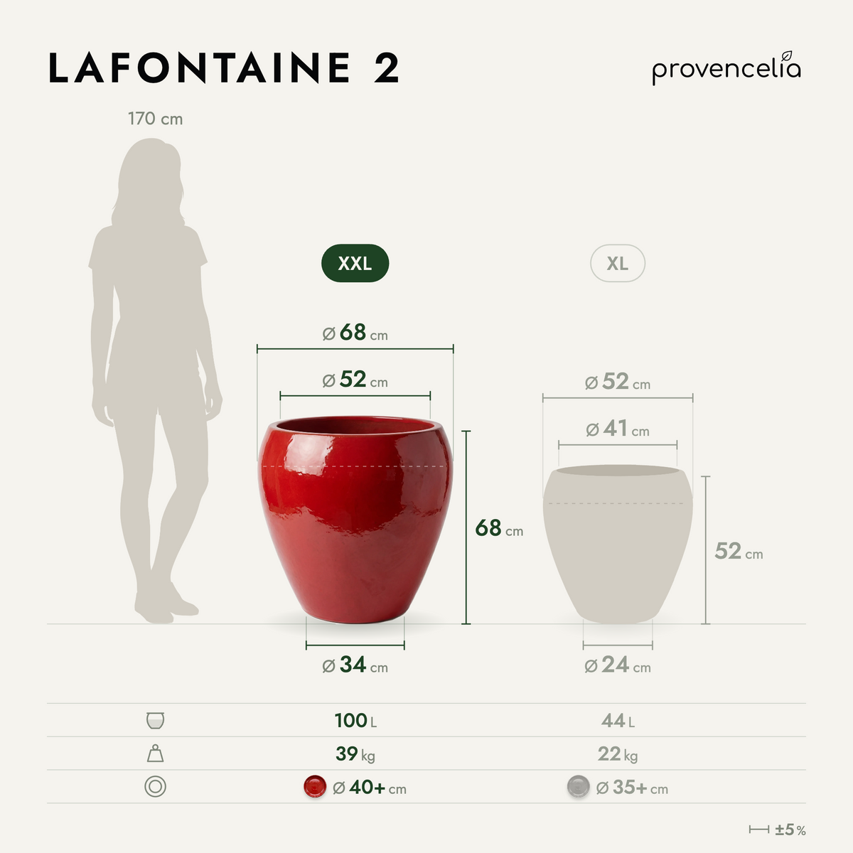 Pot LAFONTAINE2 en forme d’amphore 67x68 cm rouge en terre cuite émaillée, vue de face avec dimensions
