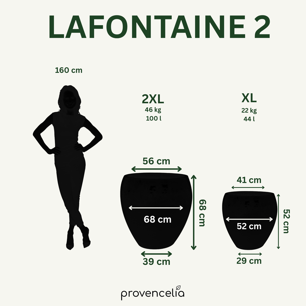 Macetero LAFONTAINE2 con forma de ánfora azul azur de cerámica esmaltada, vista comparativa con dimensiones