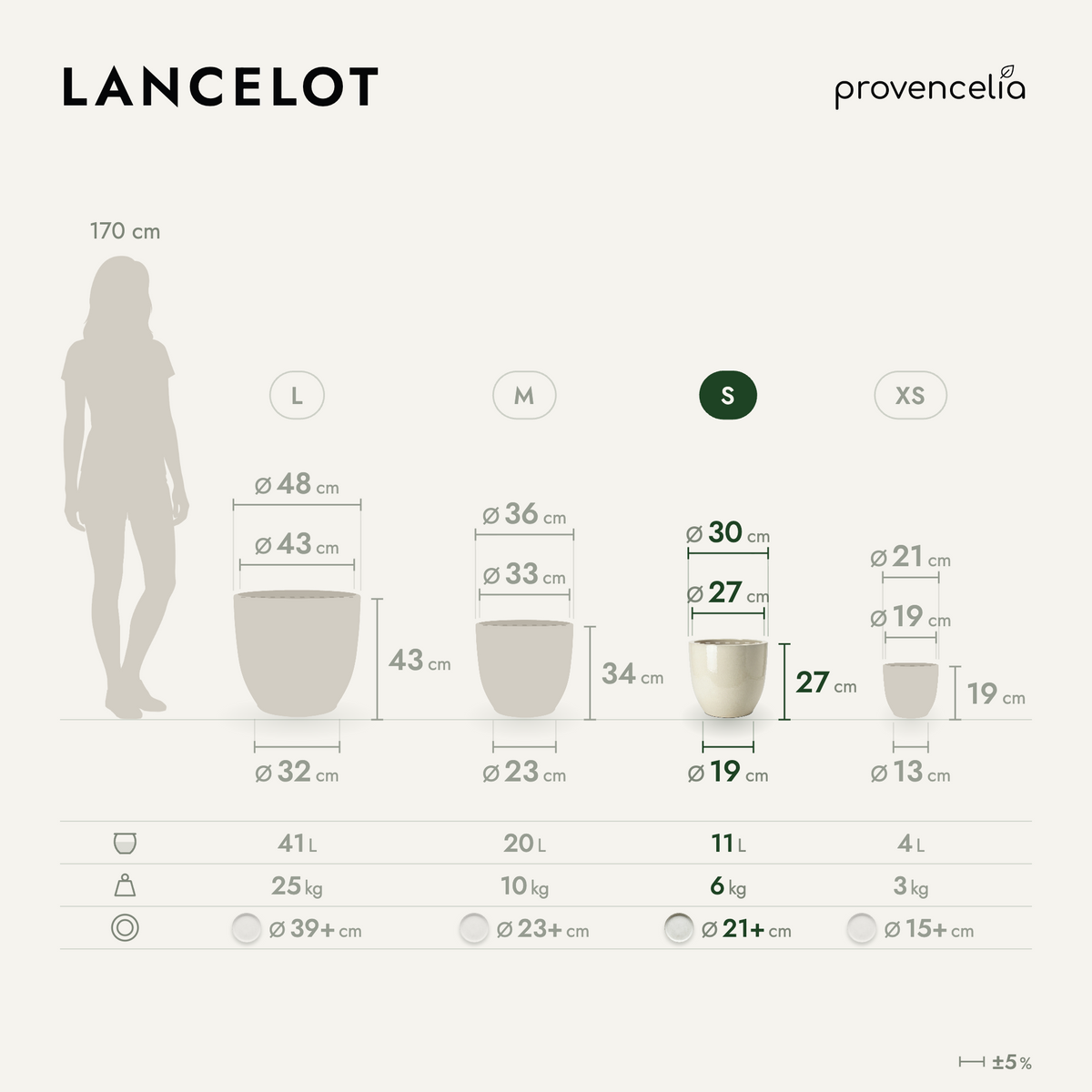 Decoratieve plantenbak LANCELOT 29x26 cm crème van geglazuurd keramiek, schema van de afmetingen van maat S