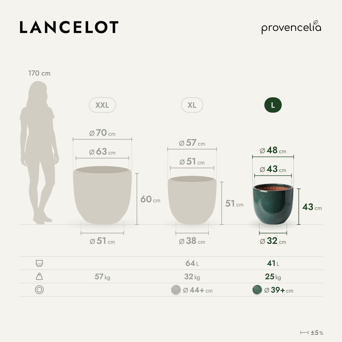 Macetero decorativo LANCELOT 48x43 cm jade de cerámica esmaltada, esquema de dimensiones tamaño L