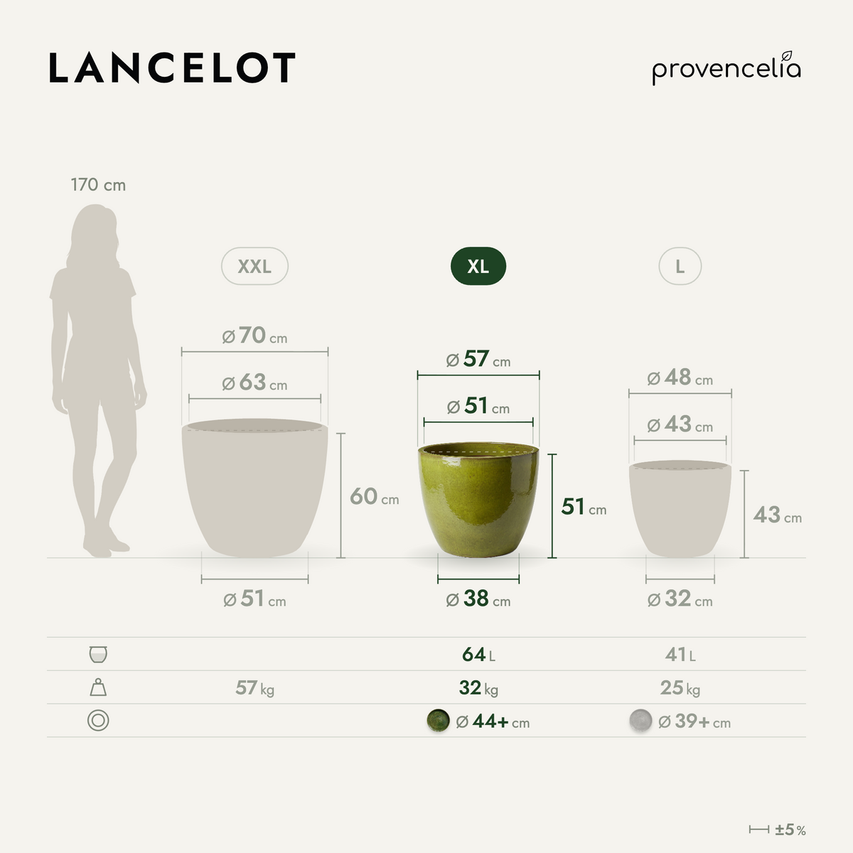 Decorative LANCELOT planter 58x51 cm Tropical Green in glazed ceramic, comparative size view
