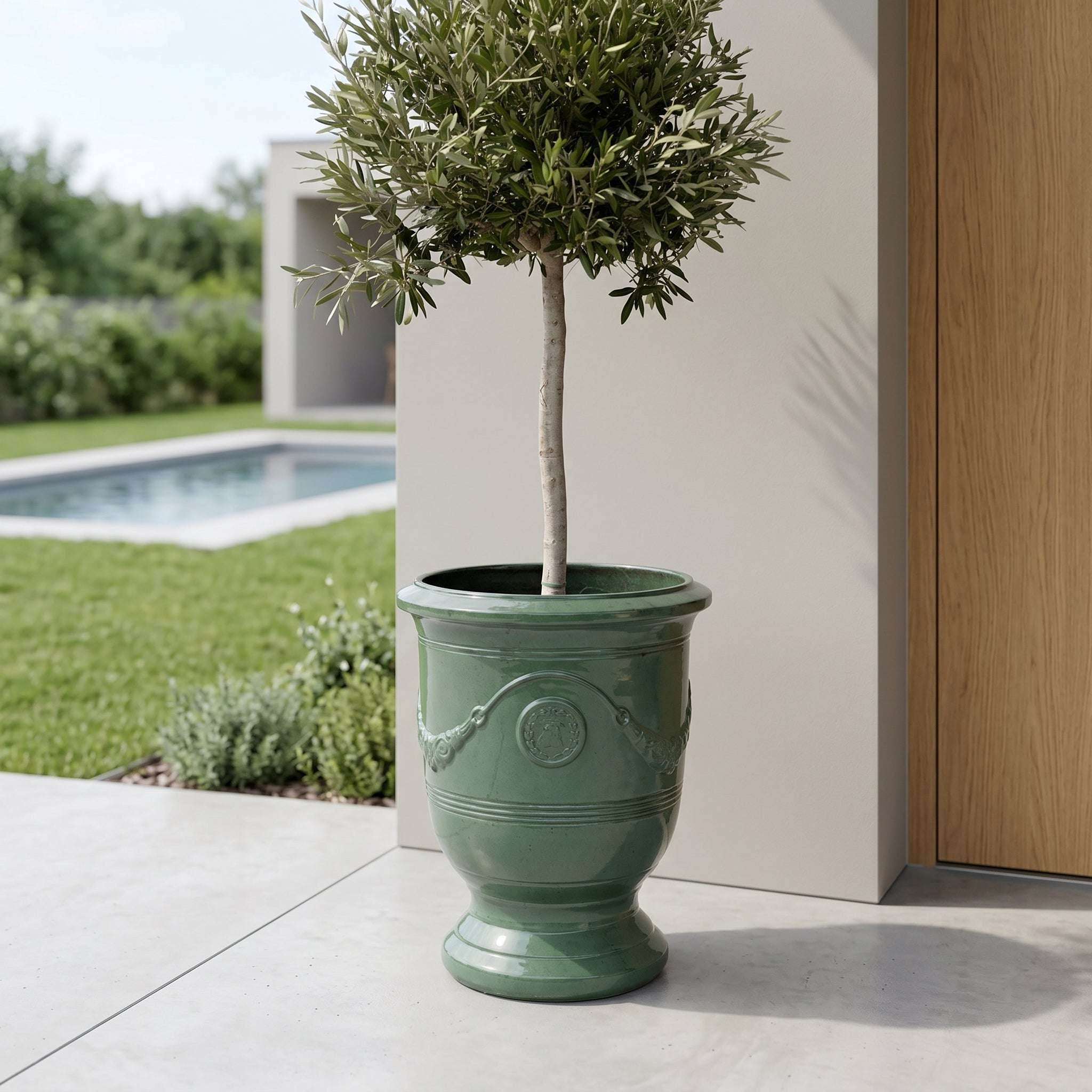 Lot olivier + pot RICHELIEU 46x56cm jade, fait main en terre cuite émaillée Provencelia