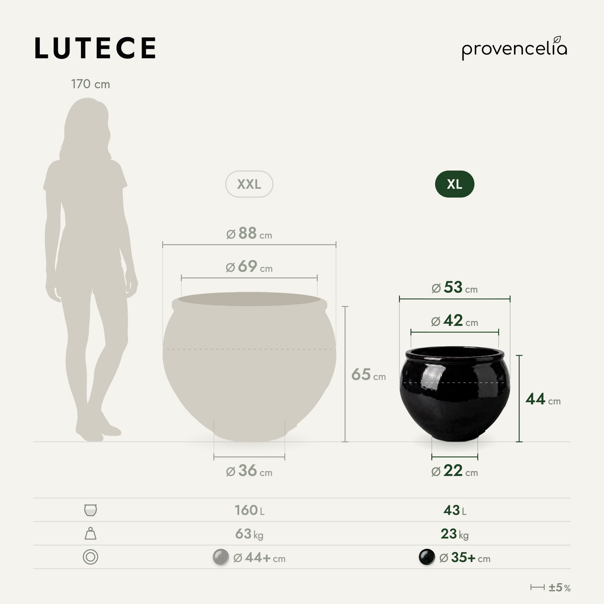 Round LUTECE planter 53x43 cm Black in glazed ceramic, XL dimensions visual