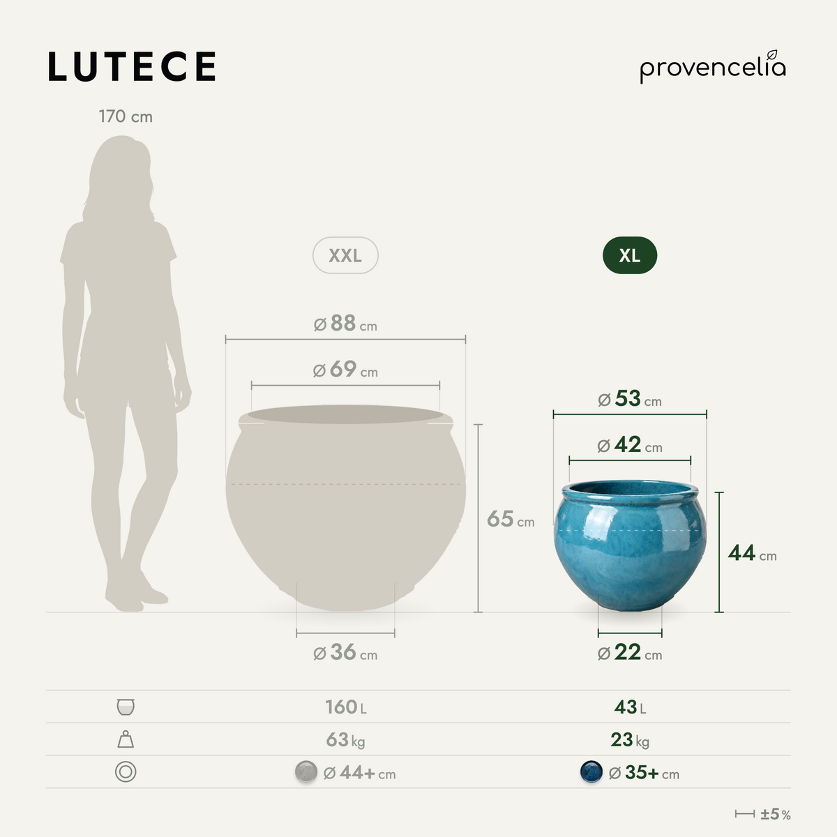 Pot LUTECE rond 53x43 cm bleu caraïbes en terre cuite émaillée, vue de face avec dimensions