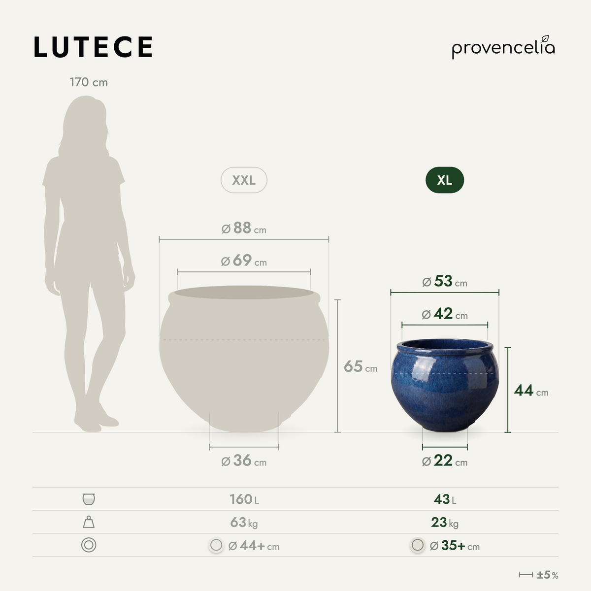 Round LUTECE planter 53x43 cm Midnight Blue in glazed ceramic, comparative view of dimensions