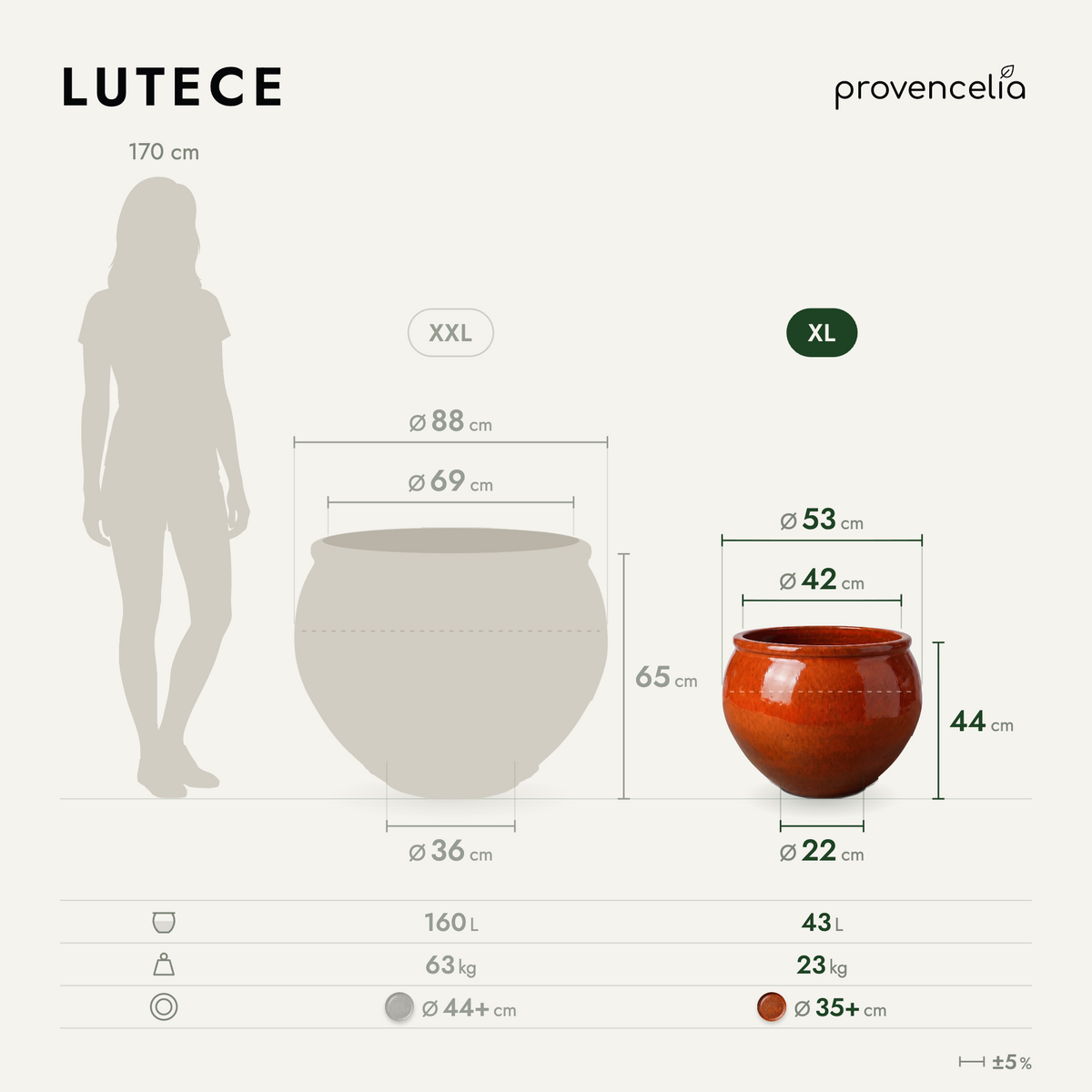 Round LUTECE planter 53x43 cm Tropical Orange in glazed ceramic, comparative view of dimensions