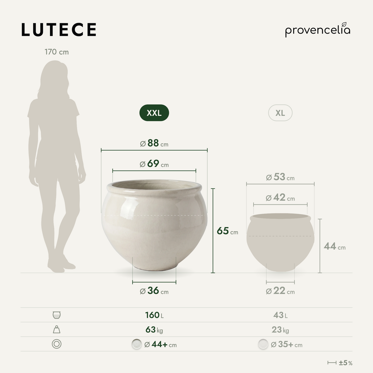 Round LUTECE planter 86x64 cm Cream in glazed ceramic, front view with dimensions