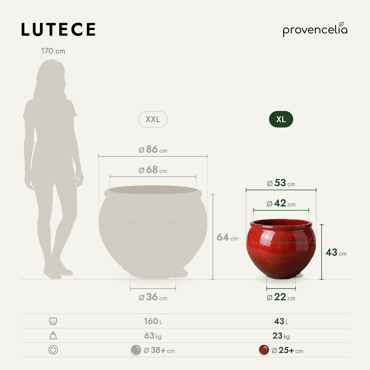 Pot LUTECE rond 53x43 cm rouge tropical en terre cuite émaillée, vue de face avec dimensions