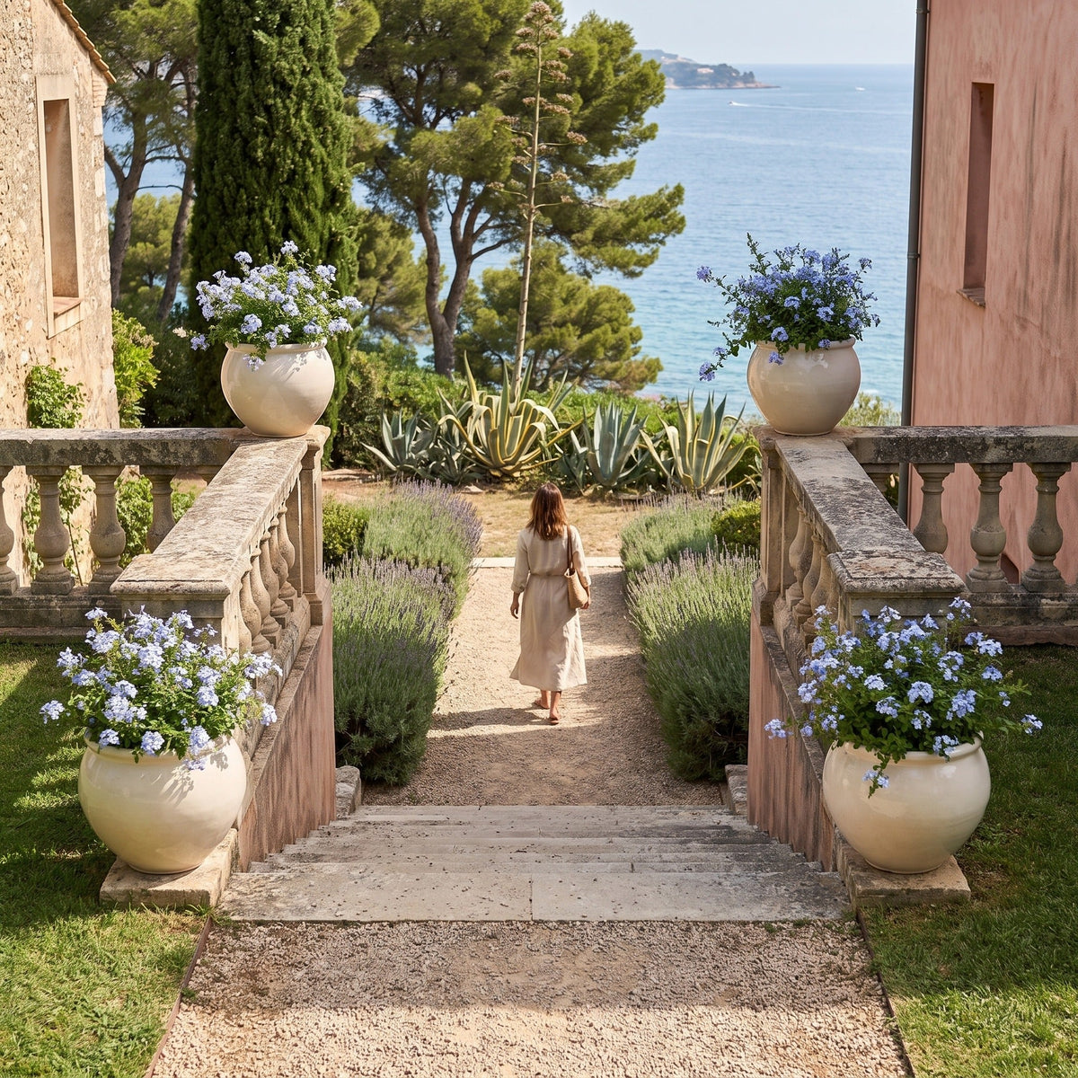Pot LUTECE rond 53x43 cm crème en terre cuite émaillée, avec fleurs bleues sur un escalier
