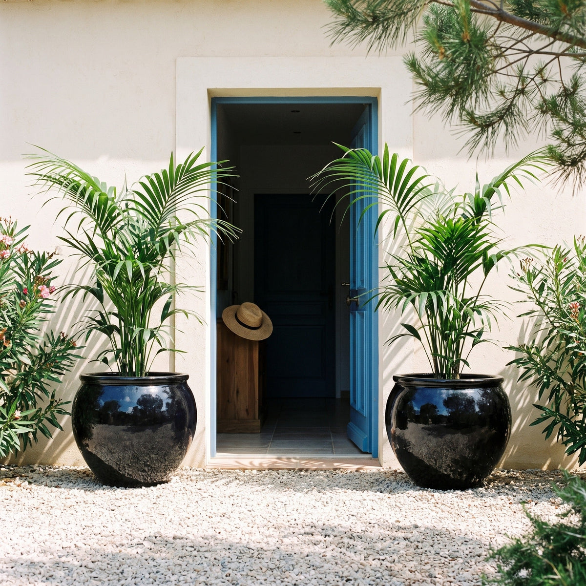 Pot LUTECE rond 86x64 cm noir en terre cuite émaillée, avec palmier devant une entrée